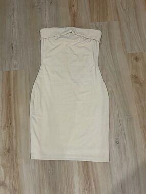 Strapless Ribbed Bodycon Dress in Cream